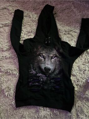 Women's Black Wolf Graphic Cowl Hoodie Sweater